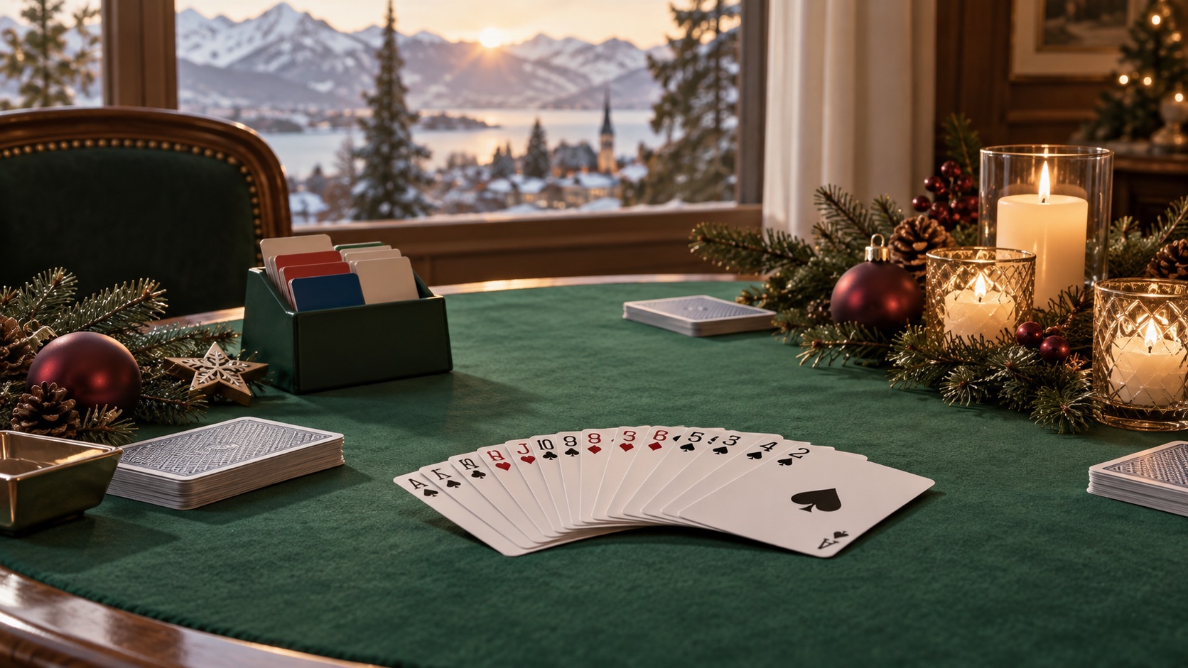 Spielkarten auf einem grünen Bridgetisch mit Kerzen und dezenter Adventsdekoration